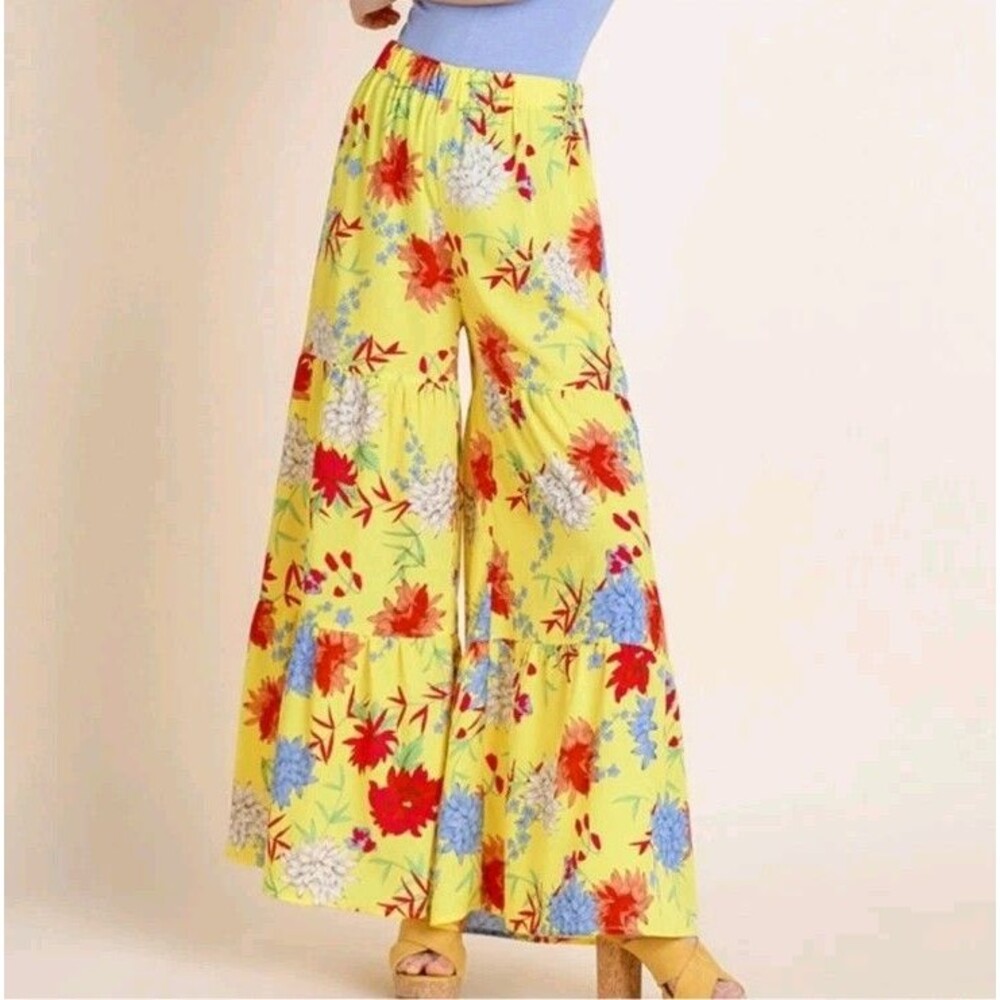 Umgee Floral Boho Beach Pants Size L Flowy Yellow